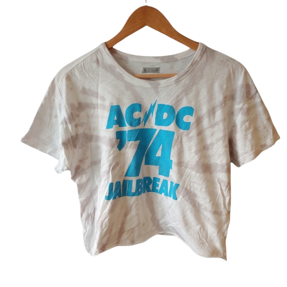 AC/DC '74 Jailbreak Grey and Blue Cropped Tie Dye Short Sleeve Shirt Size Small